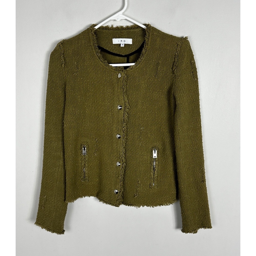 IRO Paris Agnette Jacket Green Womens Size 34 French US Sz 2 Full Zip Cotton XS